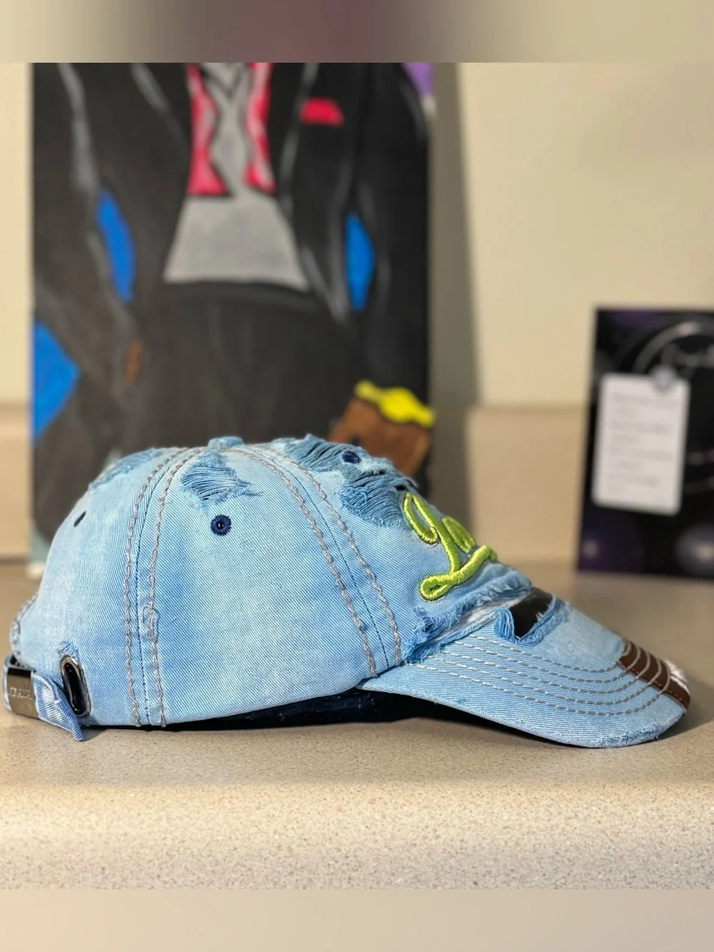 Light Blue Distressed Denim Baseball Cap with Yellow Jamaica Script | Unisex